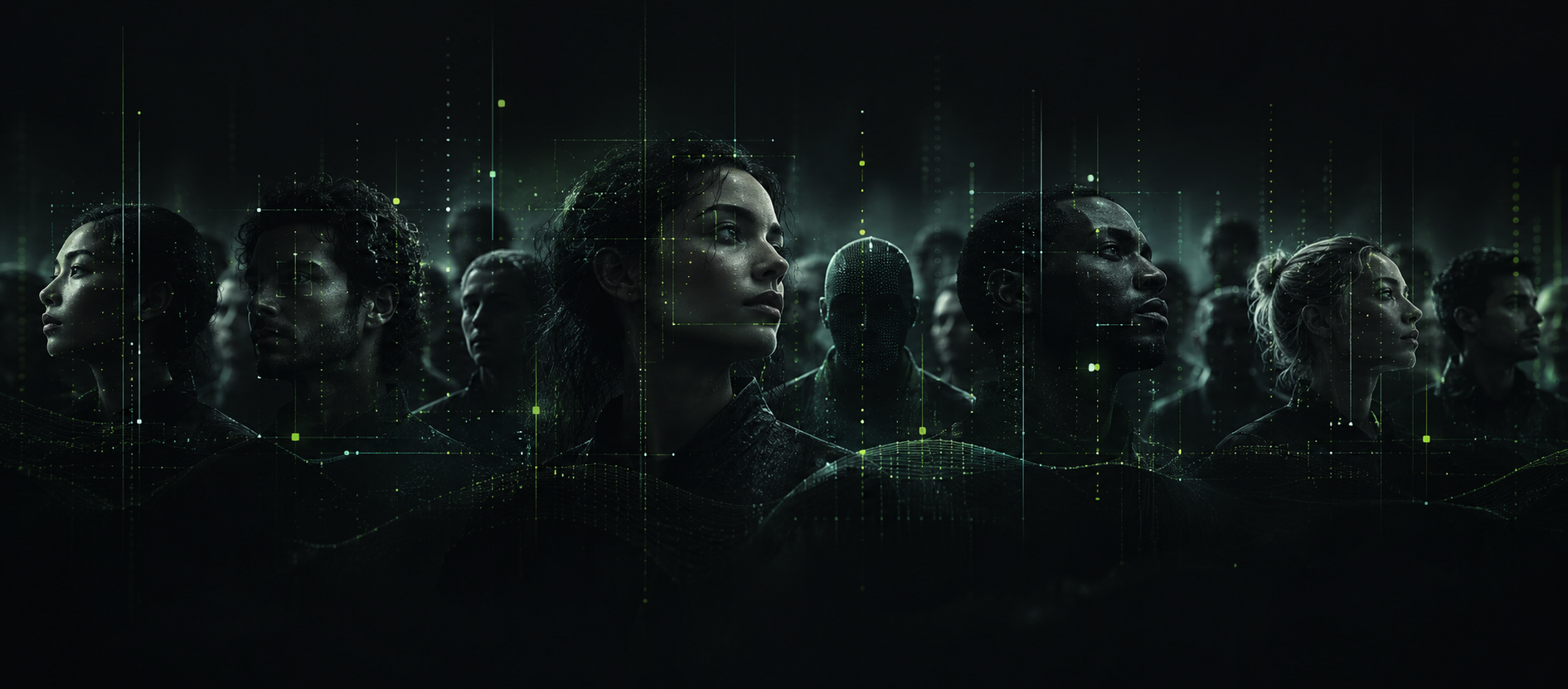 Anonymous human figures emerging from darkness beneath a subtle network of green signal lines